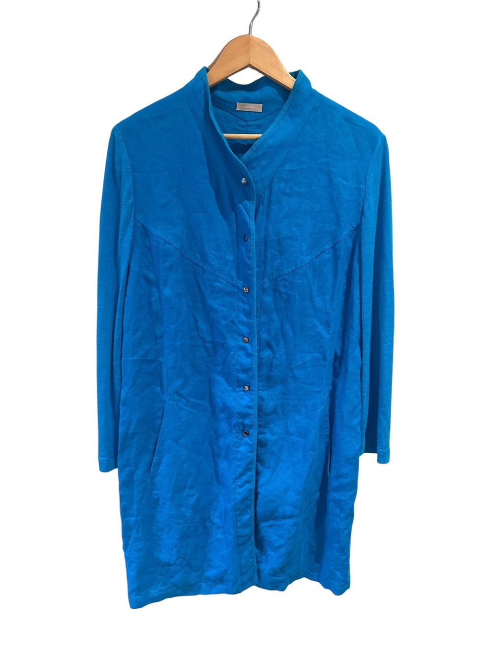 Riani Blue 100% Linen Dress Mandarin Collar Snap Buttons Midi Length Size 12
